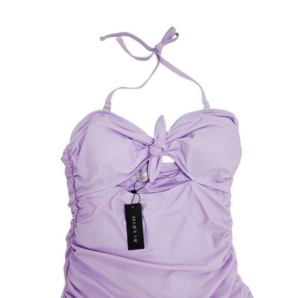 Lilac One-Piece Swimsuit Tie Front  Detail Adjustable Halter Straps Size L - Picture 4 of 7